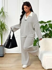 SHEIN EZwear 大尺碼秋季休閒可愛端莊藍白條紋上衣褲子兩件套 秋季居家度假旅行 - 杏色 - 查看 6