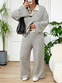 SHEIN EZwear 大尺碼秋季休閒可愛端莊藍白條紋上衣褲子兩件套 秋季居家度假旅行 - 杏色 - 查看 5