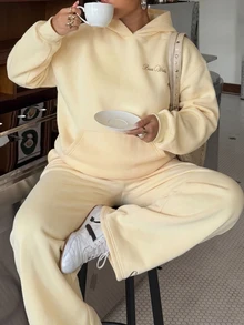 Muchica Plus Size Letter Print Hoodie & Sweatpants 2 Pieces Set Fall - Yellow - View 3