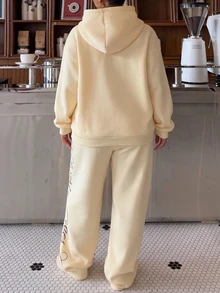 Muchica Plus Size Letter Print Hoodie & Sweatpants 2 Pieces Set Fall - Yellow - View 2