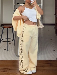 Muchica Plus Size Letter Print Hoodie & Sweatpants 2 Pieces Set Fall - Yellow - View 6