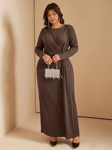 Comfylo Velvet Fabric Twisted Waist Slim Fit Plus Size Dress Autumn Dinner Party Formal Brown Elegant - Burgundy - View 5