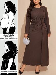 Comfylo Velvet Fabric Twisted Waist Slim Fit Plus Size Dress Autumn Dinner Party Formal Brown Elegant - Burgundy - View 1