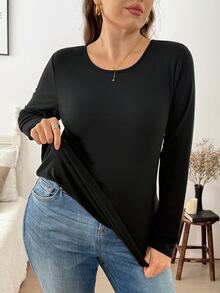 Easowa Curve 大尺碼女款純色圓領長袖休閒寬鬆百搭T恤 冬季 正式場合 辦公室 家居度假穿搭 黑色 - 黑色 - 查看 5