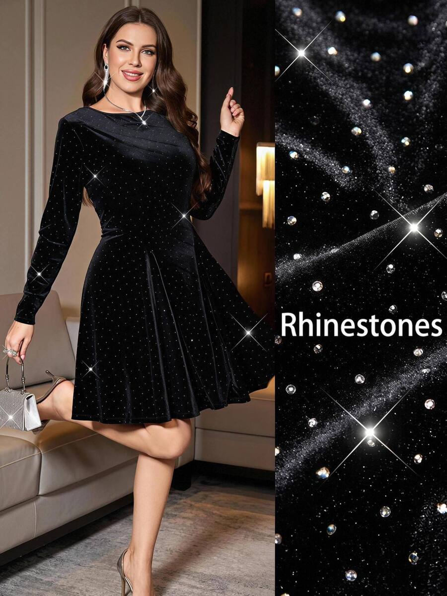 Reflora Plus Size Velvet Rhinestone Embellished Fitted Evening Cocktail Formal Party Dress Fall Christmas Black Elegant Fluffy Halloween New Yearsparkly - Black - View 1