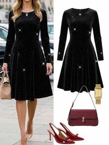 Reflora Plus Size Velvet Rhinestone Embellished Fitted Evening Cocktail Formal Party Dress Fall Christmas Black Elegant Fluffy Halloween New Yearsparkly - Black - View 2
