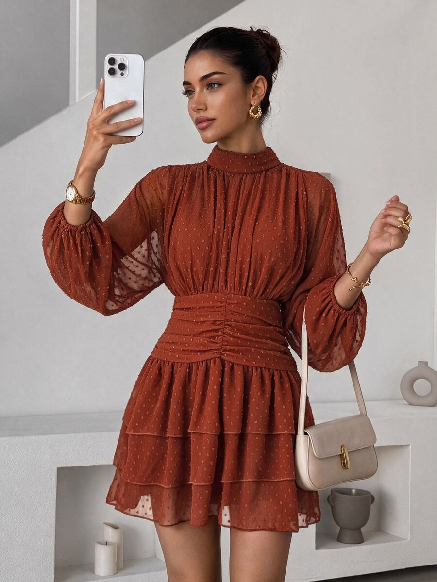 Lavishia Vestido elegante y romántico con mangas de murciélago y volantes, adecuado para citas, cenas, brunch y ocasiones de otoño en color óxido - Marrón - Ver 1
