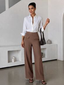 Lavishia Decorative Pocket Straight Leg Pants, Elegant Casual And Crisp, Autumn/Winter Long Pants Business Work Office Brown - Cocoa - View 3