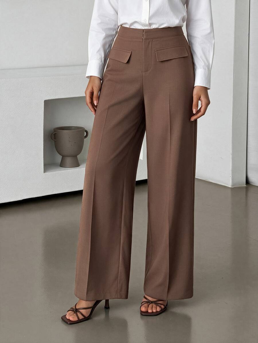 Lavishia Decorative Pocket Straight Leg Pants, Elegant Casual And Crisp, Autumn/Winter Long Pants Business Work Office Brown - Cocoa - View 1