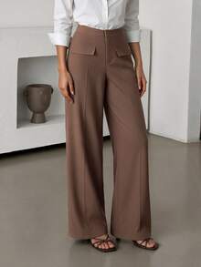 Lavishia Decorative Pocket Straight Leg Pants, Elegant Casual And Crisp, Autumn/Winter Long Pants Business Work Office Brown - Cocoa - View 2