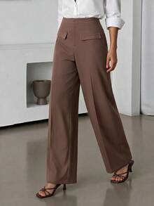 Lavishia Decorative Pocket Straight Leg Pants, Elegant Casual And Crisp, Autumn/Winter Long Pants Business Work Office Brown - Cocoa - View 4