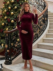 SHEIN 孕婦純色立領長袖修身優雅洋裝 秋季 - 酒紅色 - 查看 1
