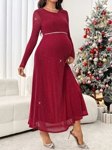 SHEIN Elegant Maternity Long Sleeve Dress With Rhinestone And Sequin Embellishments Fall - Burgundy - View 5