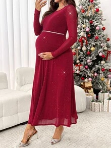 SHEIN Elegant Maternity Long Sleeve Dress With Rhinestone And Sequin Embellishments Fall - Burgundy - View 7