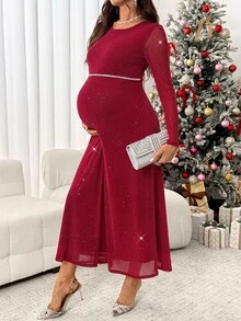 SHEIN Elegant Maternity Long Sleeve Dress With Rhinestone And Sequin Embellishments Fall - Burgundy - View 4