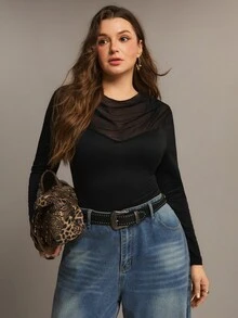 Freevana ملابس علوية نسائية أنيقة سوداء شفافة مع لوحة شبكية وأكمام طويلة وياقة منسدلة وتجاعيد ضيقة كاجوال للخريف - الأسود - مشاهدة 8