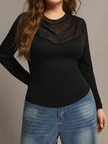 Freevana ملابس علوية نسائية أنيقة سوداء شفافة مع لوحة شبكية وأكمام طويلة وياقة منسدلة وتجاعيد ضيقة كاجوال للخريف - الأسود - مشاهدة 4