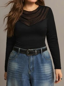 Freevana ملابس علوية نسائية أنيقة سوداء شفافة مع لوحة شبكية وأكمام طويلة وياقة منسدلة وتجاعيد ضيقة كاجوال للخريف - الأسود - مشاهدة 6