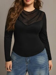 Freevana ملابس علوية نسائية أنيقة سوداء شفافة مع لوحة شبكية وأكمام طويلة وياقة منسدلة وتجاعيد ضيقة كاجوال للخريف - الأسود - مشاهدة 9