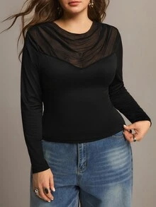 Freevana ملابس علوية نسائية أنيقة سوداء شفافة مع لوحة شبكية وأكمام طويلة وياقة منسدلة وتجاعيد ضيقة كاجوال للخريف - الأسود - مشاهدة 3