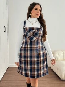 Easowa Curve Plus Size Loose Strap Button Pocket Plaid Casual Mini Dress Plus Size Fall Clothes Dresses For Women - Multicolor - View 6