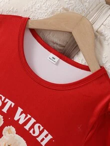 Girls Cute Bear Print Short Sleeve Pink Casual Loose Home Sleep Dress - Red - View 6