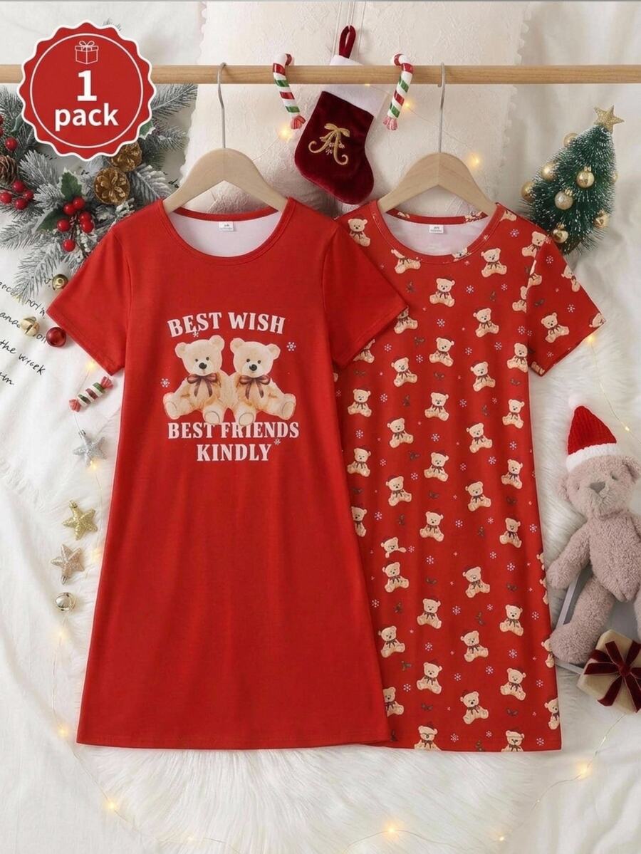Girls Cute Bear Print Short Sleeve Pink Casual Loose Home Sleep Dress - Red - View 1