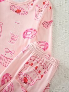 秋冬針織圓領蛋糕甜甜圈草莓清新圖案冰淇淋蛋糕手繪風波點數位印花長袖長褲多色拼接4件套修身柔軟舒適睡衣家居服 - 彩色 - 查看 4