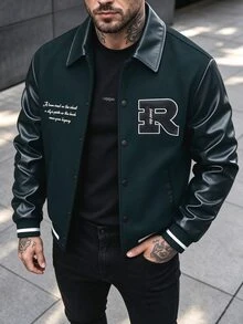 Manfinity CasualCool 男士純色拼接前開扣長袖字母印花休閒棒球夾克，隊服夾克 - 墨綠色 - 查看 1