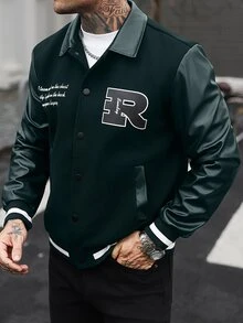 Manfinity CasualCool 男士純色拼接前開扣長袖字母印花休閒棒球夾克，隊服夾克 - 墨綠色 - 查看 5