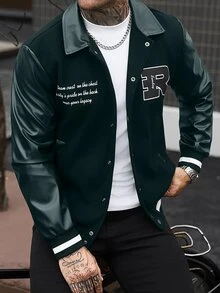 Manfinity CasualCool 男士純色拼接前開扣長袖字母印花休閒棒球夾克，隊服夾克 - 墨綠色 - 查看 7