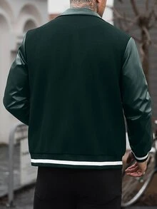 Manfinity CasualCool 男士純色拼接前開扣長袖字母印花休閒棒球夾克，隊服夾克 - 墨綠色 - 查看 2