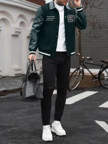 Manfinity CasualCool 男士純色拼接前開扣長袖字母印花休閒棒球夾克，隊服夾克 - 墨綠色 - 查看 6