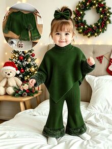 SHEIN Playful Pals 女嬰深綠色假領不對稱針織兩件套服裝，毛茸茸絨毛拼接袖口與喇叭褲腳，聖誕節 - 墨綠色 - 查看 3