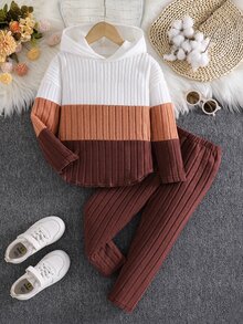Elladie kids Young Girls New Orange White Coffee Three-Color Patchwork Hooded Long Sleeve Top And Elastic Waist Casual Loose Soft Knit Pants Two Pieces Set Spring Autumn - Brown - View 4