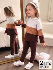 Elladie kids Young Girls New Orange White Coffee Three-Color Patchwork Hooded Long Sleeve Top And Elastic Waist Casual Loose Soft Knit Pants Two Pieces Set Spring Autumn - Brown - View 5