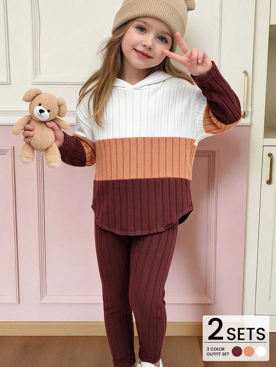 Elladie kids Young Girls New Orange White Coffee Three-Color Patchwork Hooded Long Sleeve Top And Elastic Waist Casual Loose Soft Knit Pants Two Pieces Set Spring Autumn
