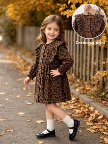 Elladie kids 幼童女童豹紋荷葉邊長袖鈕扣 A 字休閒洋裝，適合生日派對與家庭拍照穿搭 - 棕色 - 查看 3