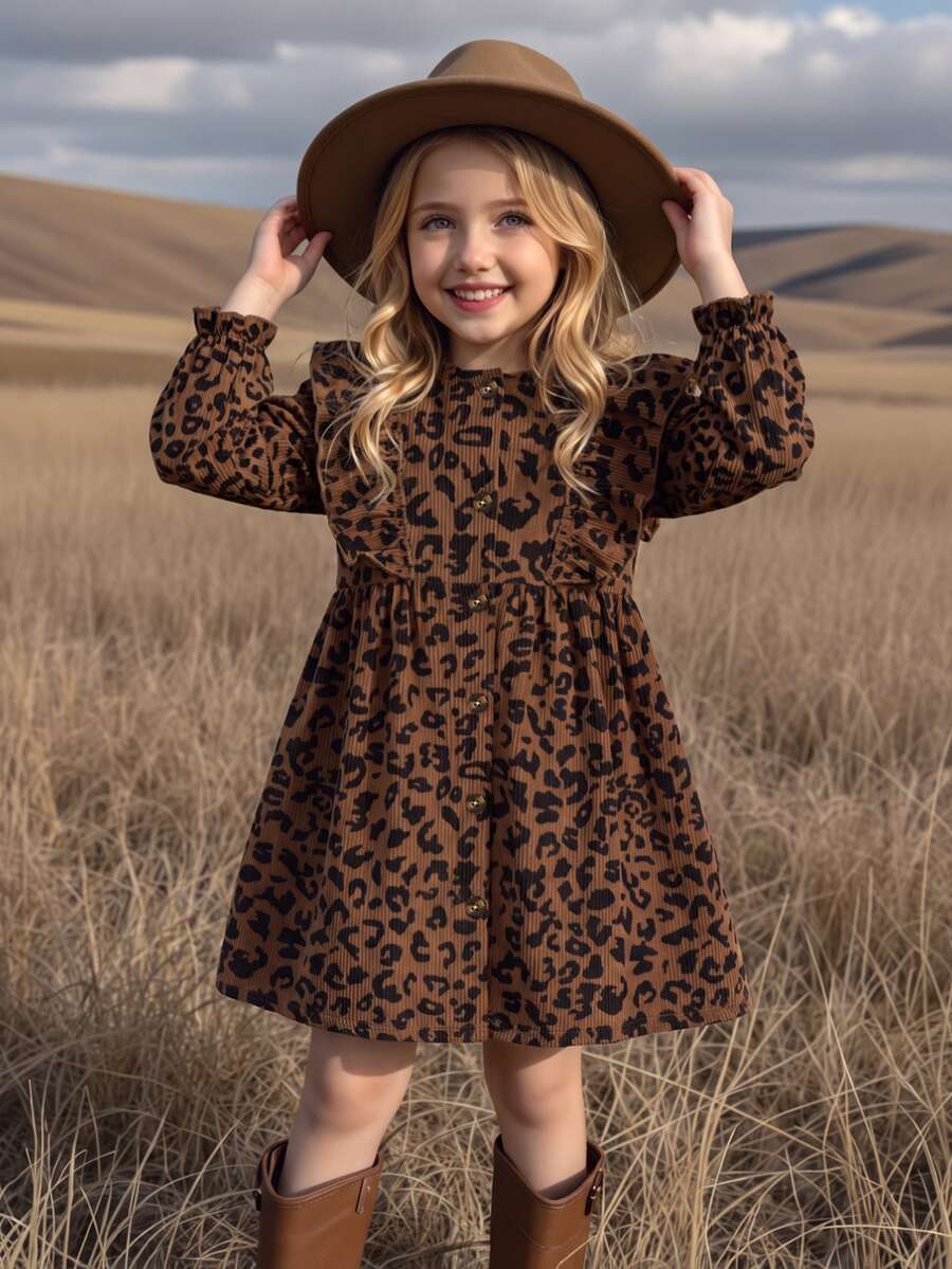 Elladie kids 幼童女童豹紋荷葉邊長袖鈕扣 A 字休閒洋裝,適合生日派對與家庭拍照穿搭 - 棕色 - 查看 1