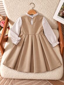 Elladie kids Girls' Navy Blue Striped Patchwork 2 In 1 Dress Blue And White Striped Long Sleeve With Ruffle Collar And Bow Decor Navy Blue Suspender Dress - Apricot - View 2