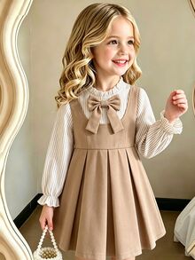 Elladie kids Girls' Navy Blue Striped Patchwork 2 In 1 Dress Blue And White Striped Long Sleeve With Ruffle Collar And Bow Decor Navy Blue Suspender Dress - Apricot - View 3