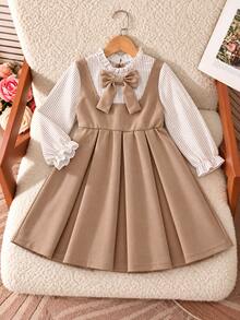 Elladie kids Girls' Navy Blue Striped Patchwork 2 In 1 Dress Blue And White Striped Long Sleeve With Ruffle Collar And Bow Decor Navy Blue Suspender Dress - Apricot - View 5