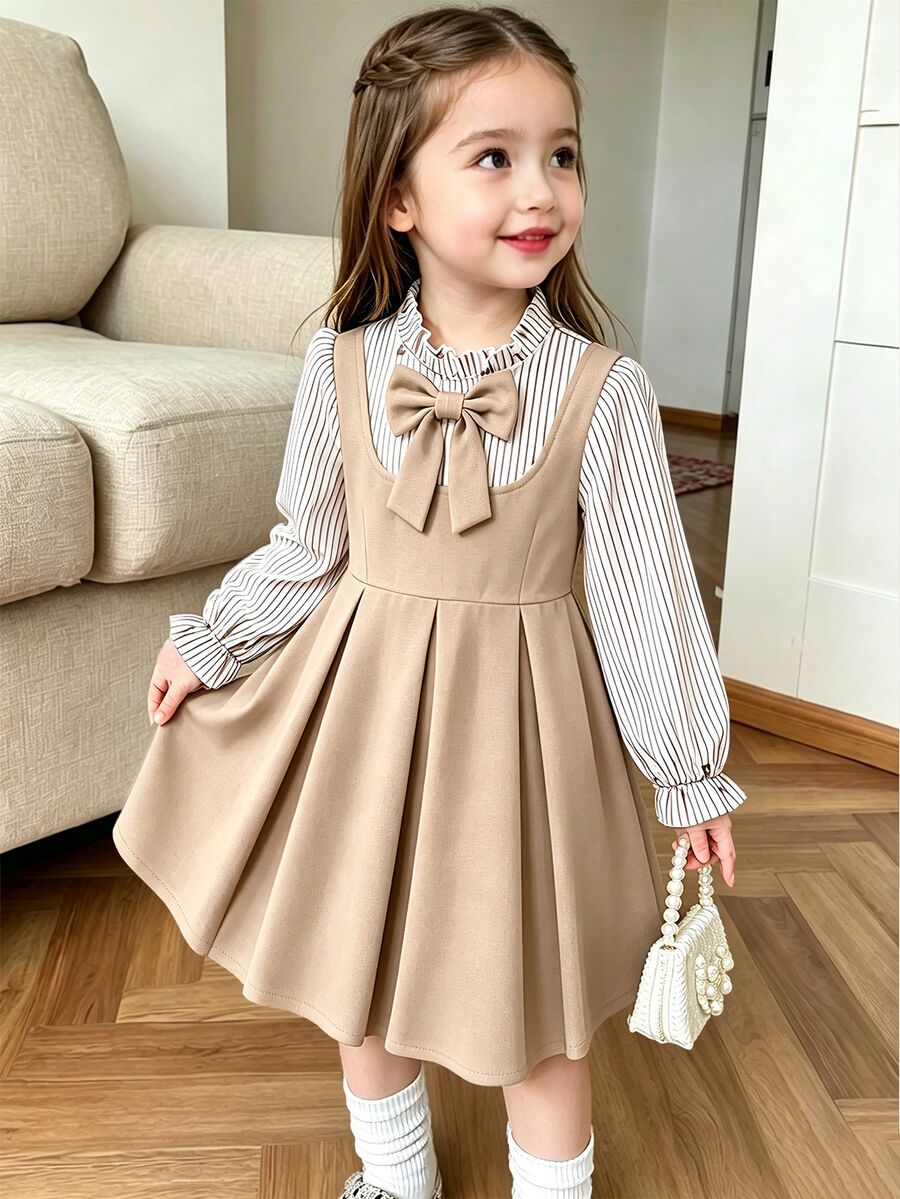 Elladie kids Girls' Navy Blue Striped Patchwork 2 In 1 Dress Blue And White Striped Long Sleeve With Ruffle Collar And Bow Decor Navy Blue Suspender Dress - Apricot - View 1