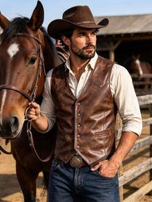 DREXORIN Men's Shades Of Brown Slim Fit Mature Casual Elegant Denim Style Versatile Vest Business Party Autumn - Brown - View 5