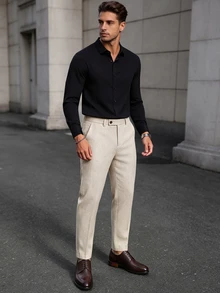 Manfinity Bizformal 2026春夏男士亞麻混紡百褶九分長褲，商務休閒極簡風，正式老錢風 - 白色 - 查看 5