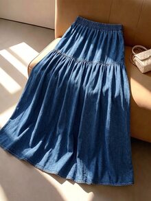 GlowEve Women's Street Style Elastic Waist Washed Wrinkled Long Denim Skirt - Medium Wash - View 1