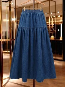 GlowEve Women's Street Style Elastic Waist Washed Wrinkled Long Denim Skirt - Medium Wash - View 7