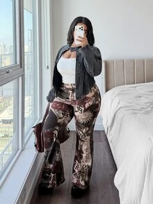 Jeanoix 牛仔女郎套裝大尺碼 Y2K 牛仔女款印花彈性性感修身長褲 - 彩色 - 查看 1