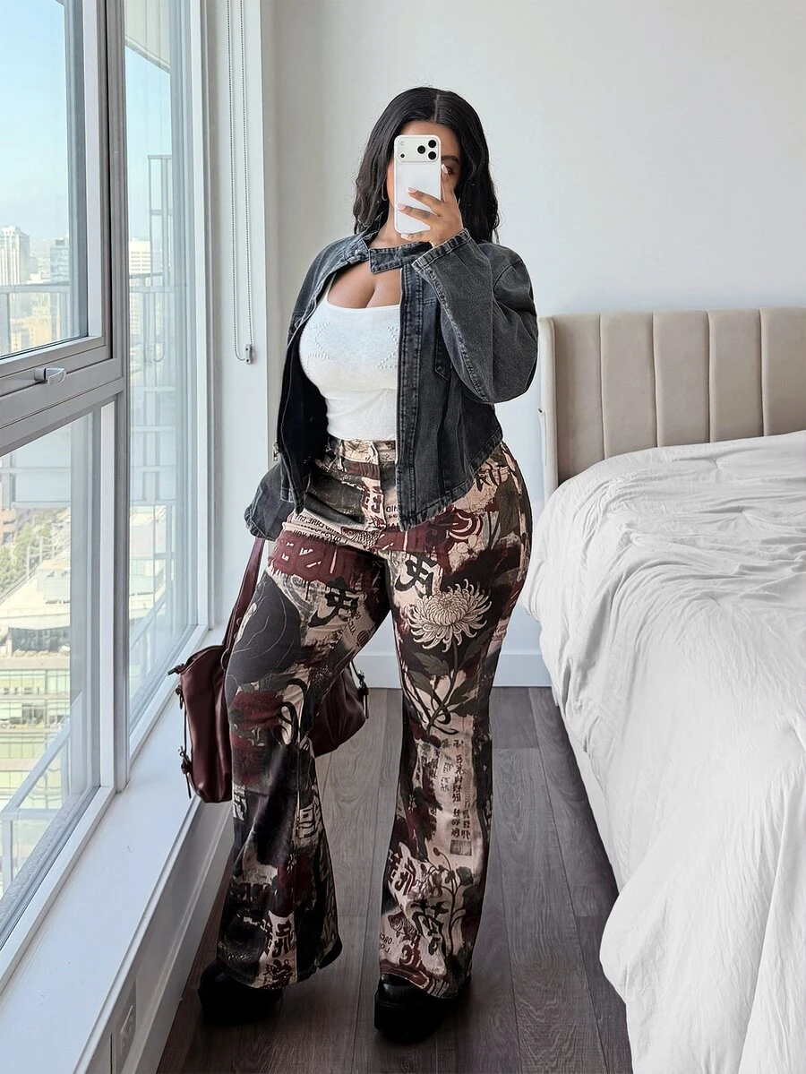 Jeanoix 牛仔女郎套裝大尺碼 Y2K 牛仔女款印花彈性性感修身長褲 - 彩色 - 查看 1