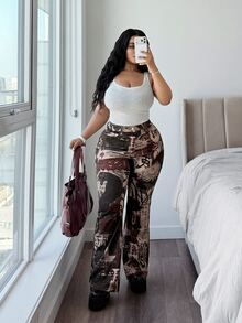 Jeanoix 牛仔女郎套裝大尺碼 Y2K 牛仔女款印花彈性性感修身長褲 - 彩色 - 查看 6